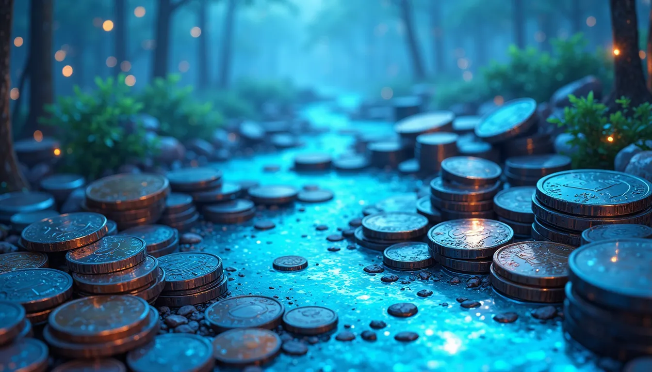 Abstrakte Illustration von Geldfluss, Münzen und Pfeile, modernes sauberes Design, blau-cyan Farben